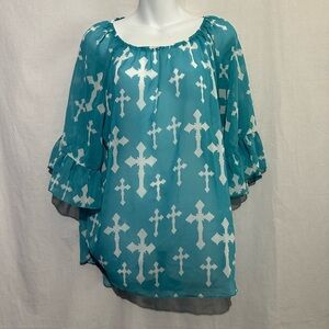 Cowgirl Hardware Teal Floral Cross Western Top Women’s Small